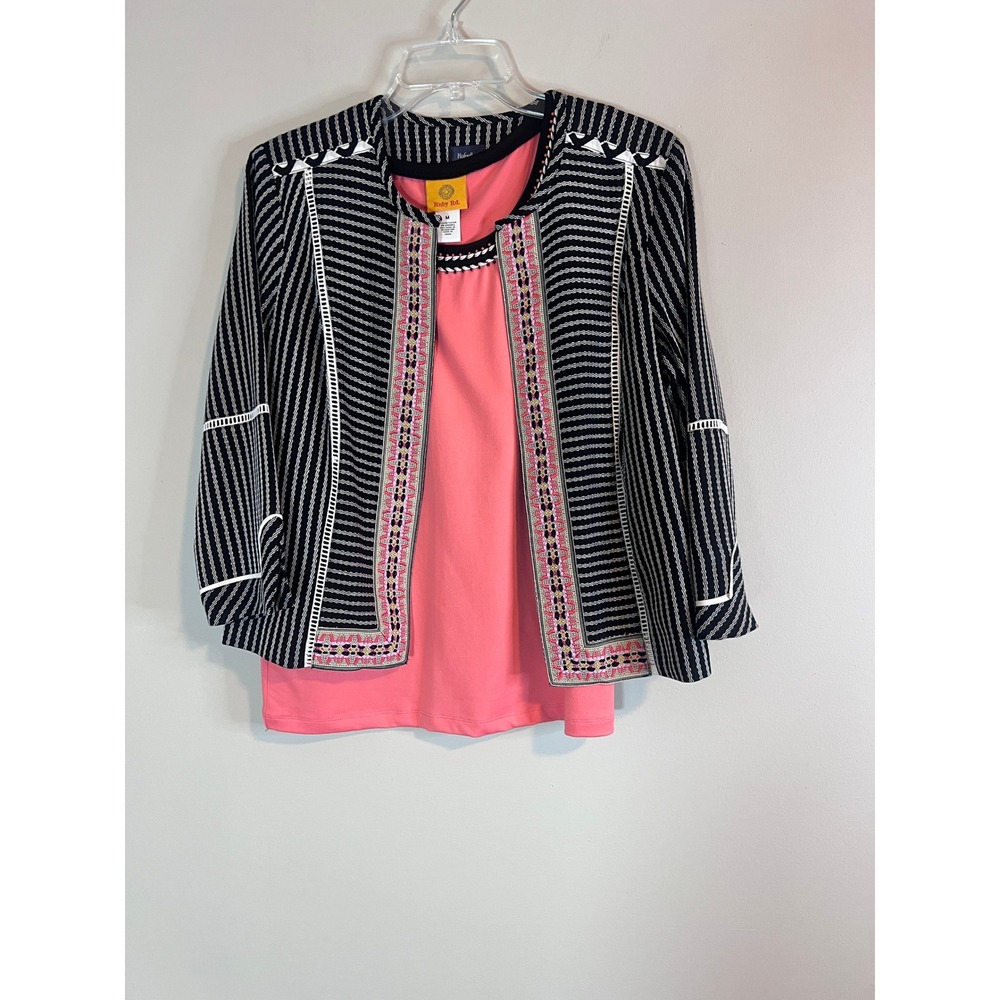 Rafaella Blazer Ruby Rd Shell 2 Piece Set Black White Stripe Pink Beaded Medium